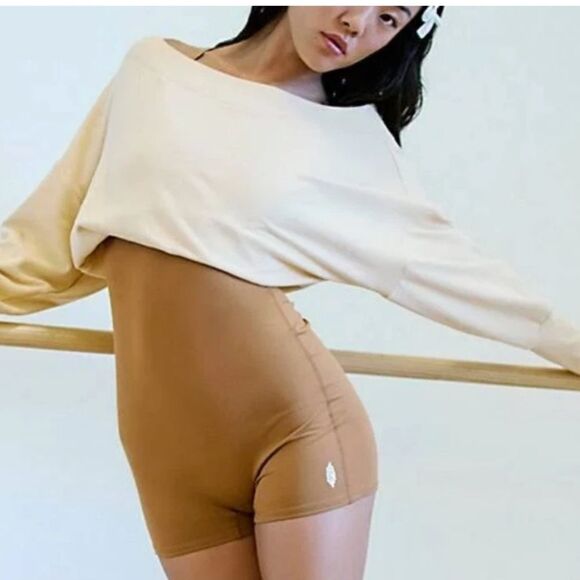 FP Movement by Free People Pants - Free People Movement Cream Off-Shoulder Top Camel Shortsie One Piece Playsuit XS